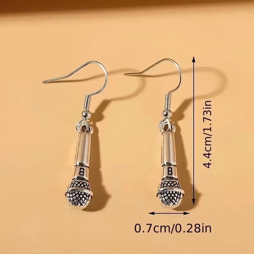 Silver Microphone‎ Drop Earrings Music Singer Karaoke Dangle Jewelry Womens